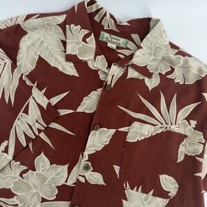 Tommy Bahama Mens Large Silk‎ Tropical Hibiscus Palm Leaf Camp Shirt Rust Red